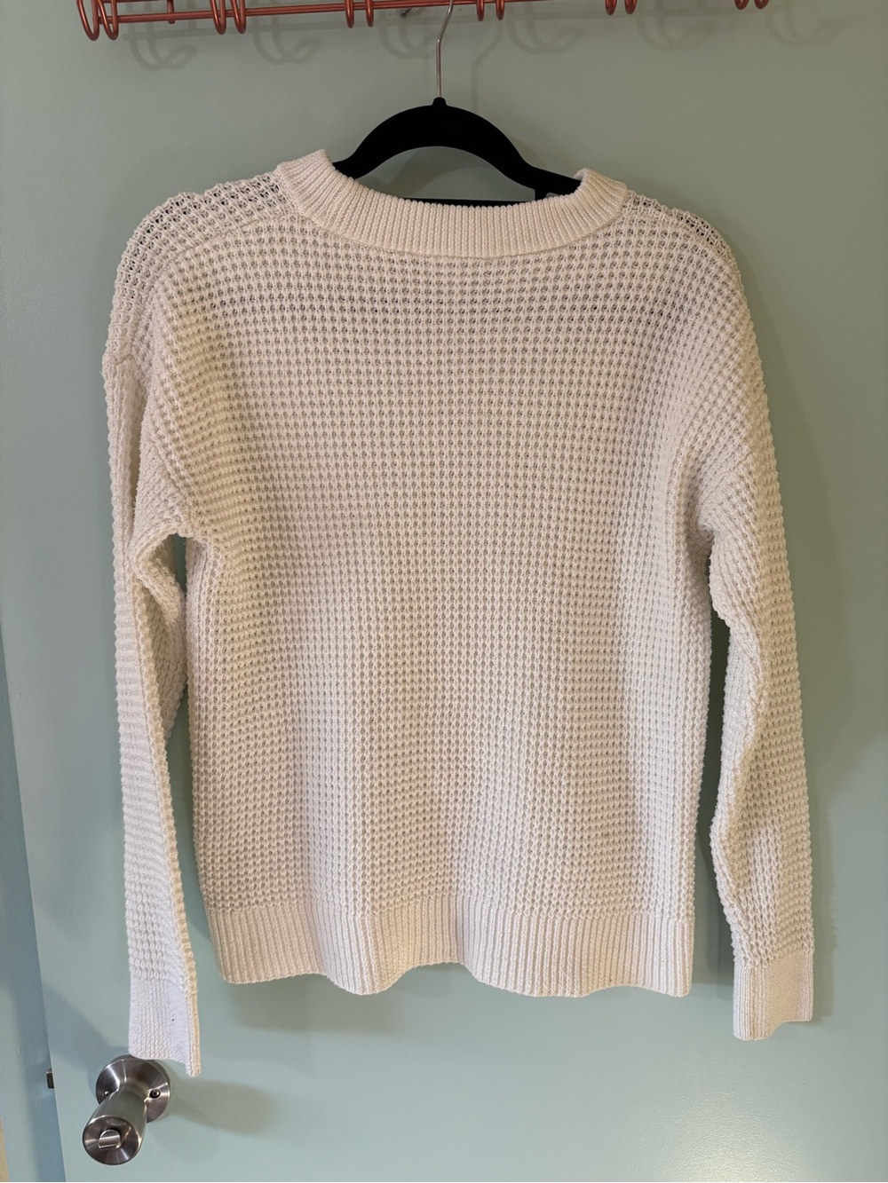 Time and Tru Cream Waffle-Knit Crewneck Sweater - Picture 2 of 3
